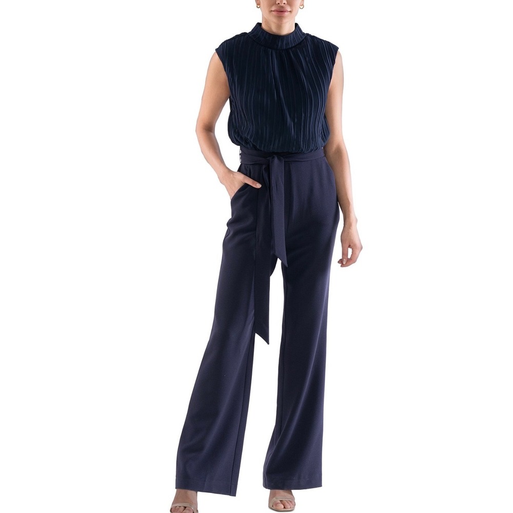 Julia Jordan Women Chiffon Top Tie Waist Jumpsuit Navy Blue Wide Leg Size 2 NEW
